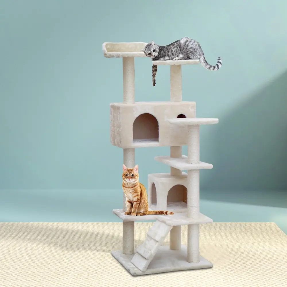 i.Pet Cat Tree 134cm Tower Scratching Post Scratcher Wood Condo House Bed Beige - Pets