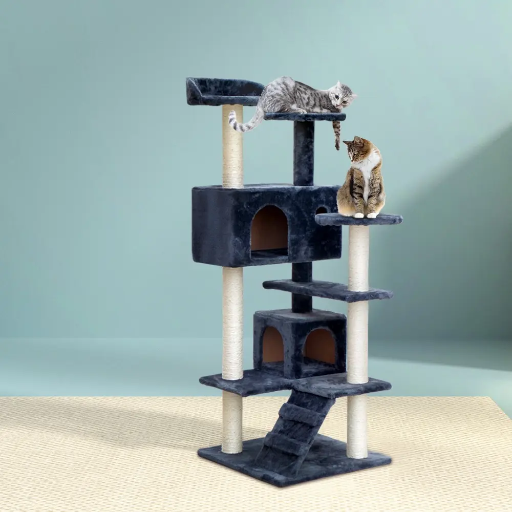 i.Pet Cat Tree 134cm Tower Scratching Post Scratcher Wood Condo House Bed Grey - Pets