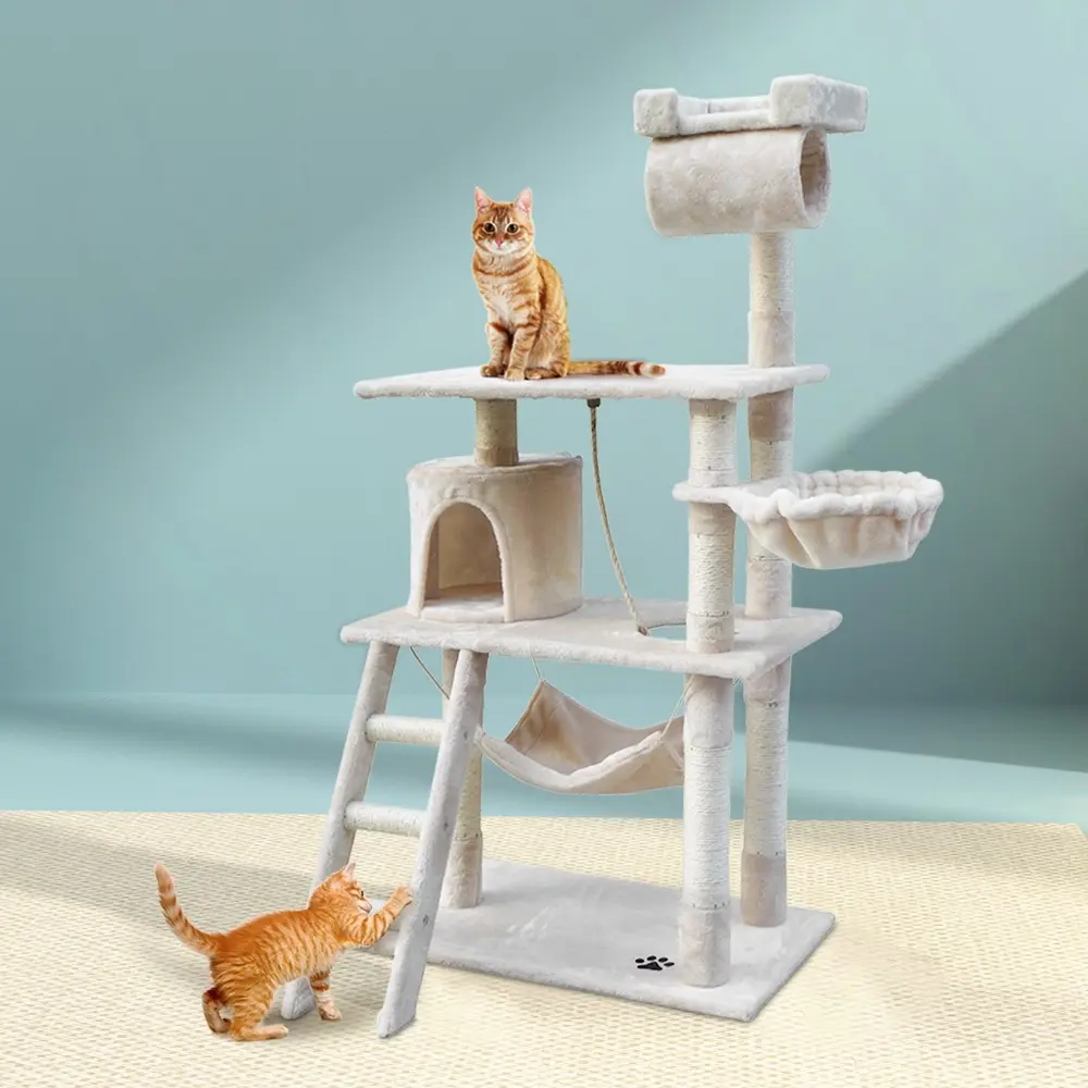 i.Pet Cat Tree 141cm Tower Scratching Post Scratcher Condo Wood House Bed Beige - Pets