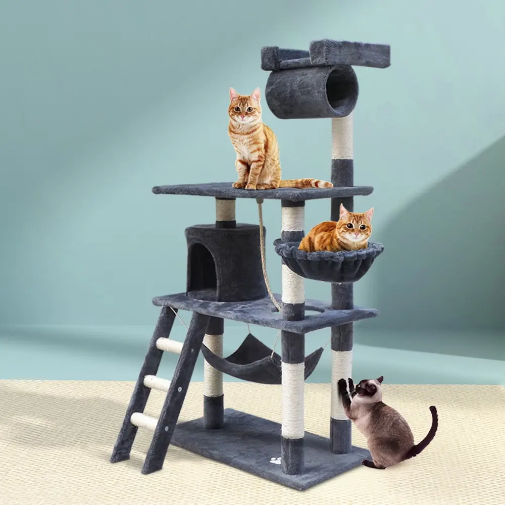 i.Pet Cat Tree 141cm Tower Scratching Post Scratcher Condo Wood House Bed Grey - Pets