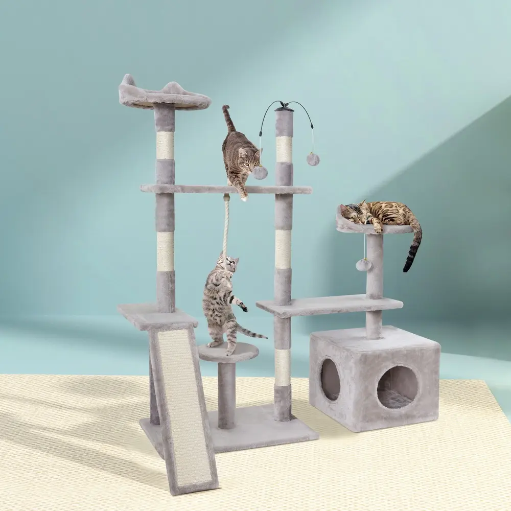 i.Pet Cat Tree 135cm Tower Scratching Post Scratcher Wood Condo House Toys Grey - Pets