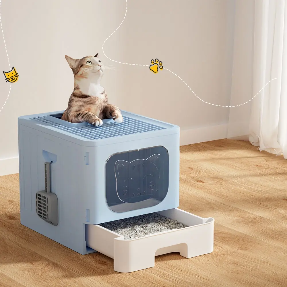 i.Pet Cat Litter Box Large Tray Kitty Toilet Enclosed Hooded Foldable Scoop Blue - Pets