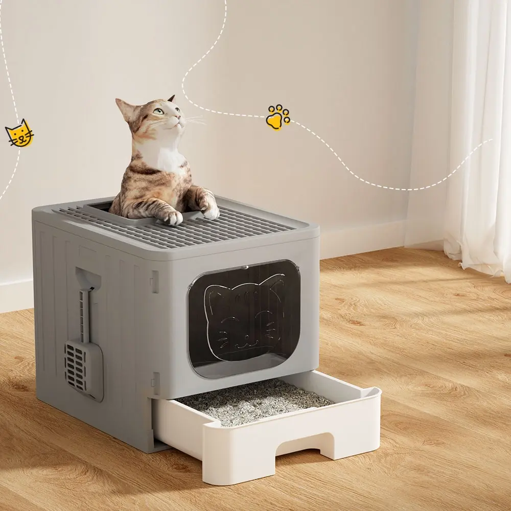 i.Pet Cat Litter Box Large Tray Kitty Toilet Enclosed Hooded Foldable Scoop Grey - Pets