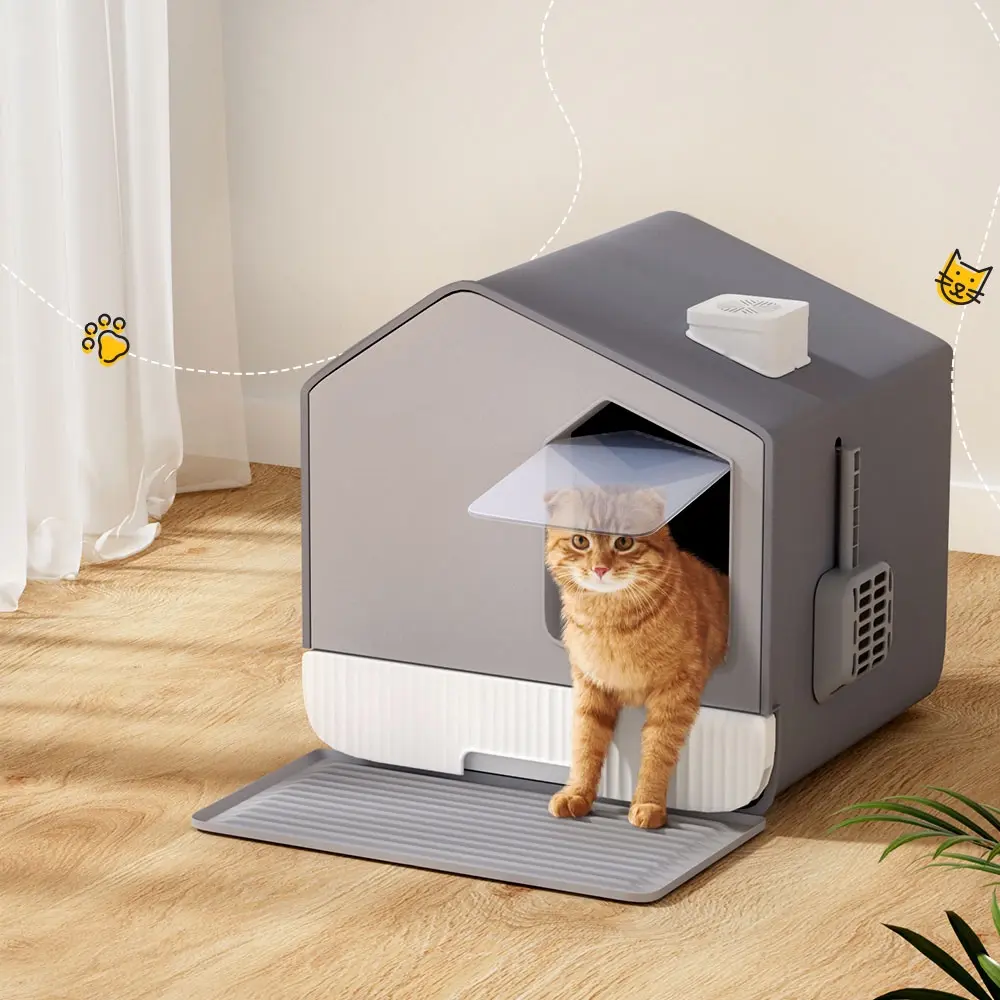 i.Pet Cat Litter Box Large Tray Kitty Toilet Fully Enclosed House Hooded Scoop Mat Grey - Pets