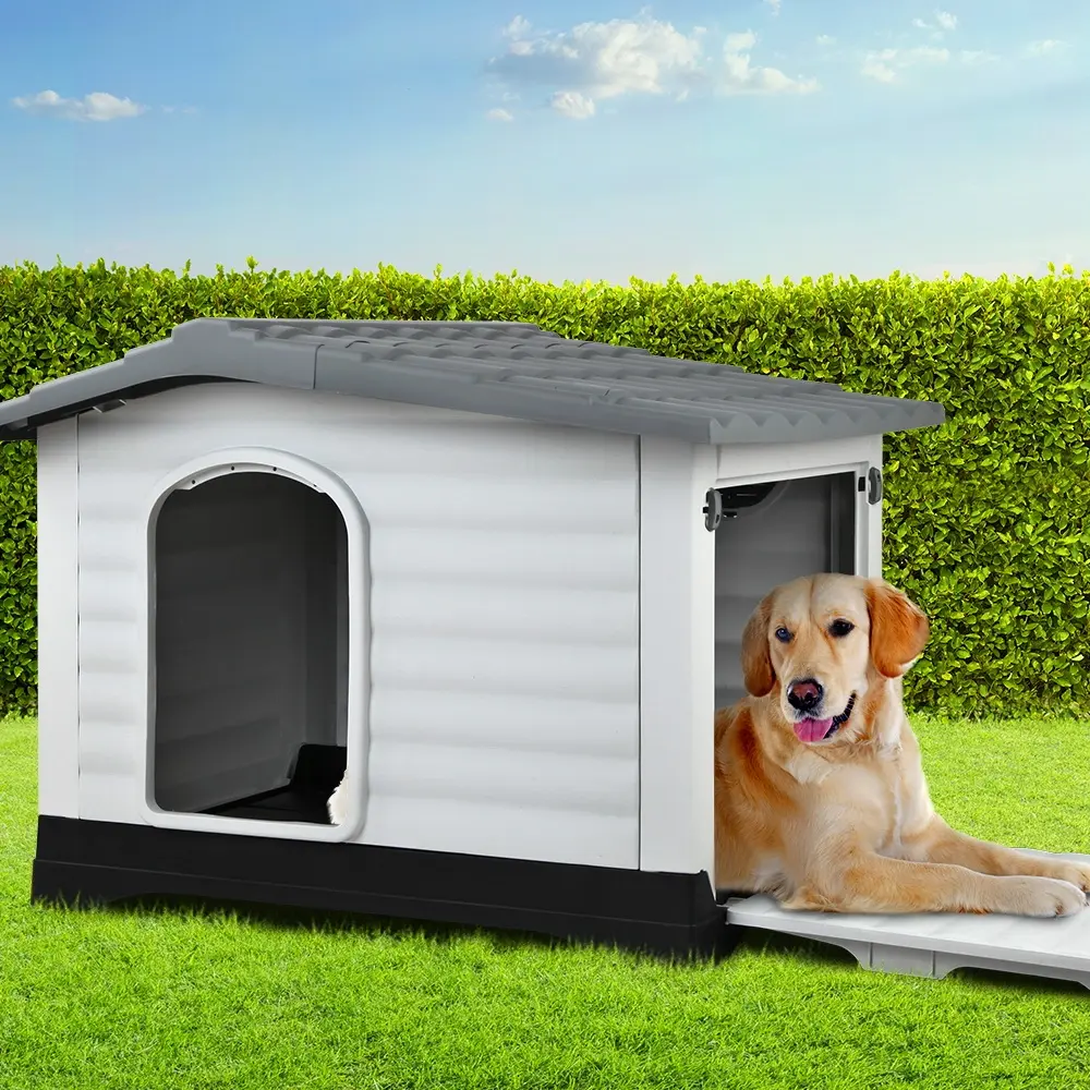 i.Pet Dog Kennel House Extra Large Outdoor Plastic Puppy Pet Cabin Shelter XL Grey - Pets