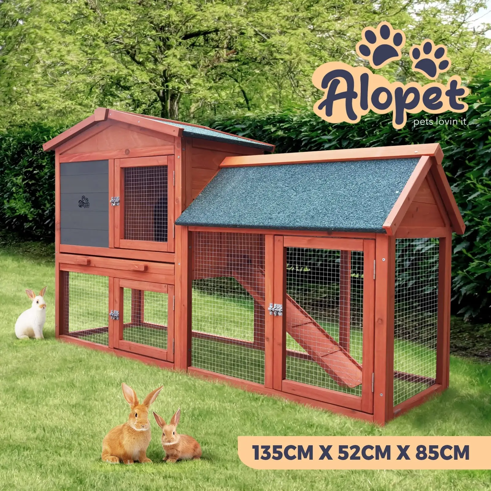 Alopet Rabbit Hutch Chicken Coop Bunny House Run Cage Wooden Outdoor Pet Hutch 135CM - Pets