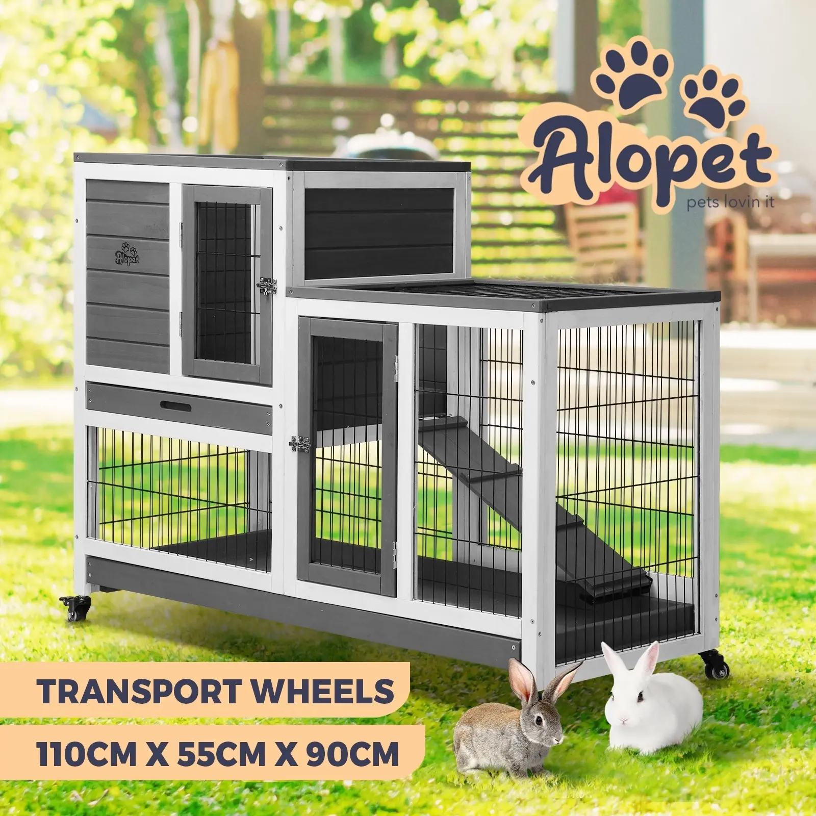Alopet Rabbit Hutch Chicken Coop House Run Wooden Pet Cage Wheels Guinea Pig Bun - Pets