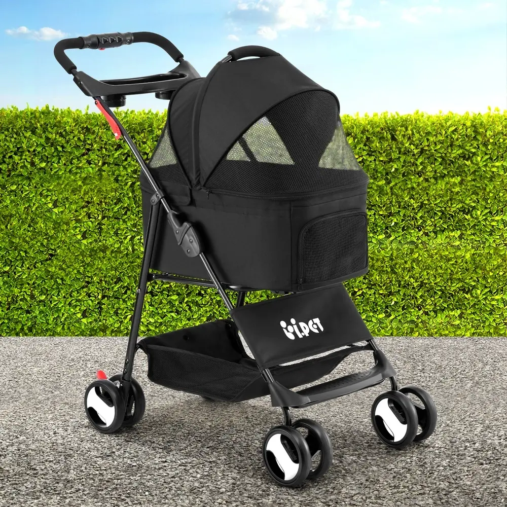 i.Pet Pet Stroller Dog Pram Cat Carrier Travel Large Pushchair Foldable 4 Wheels Black - Pets
