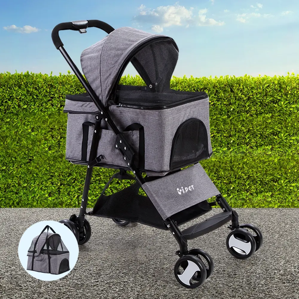 i.Pet Pet Stroller Dog Pram Cat Carrier Travel Large Pushchair Foldable 4 Wheels Grey - Pets