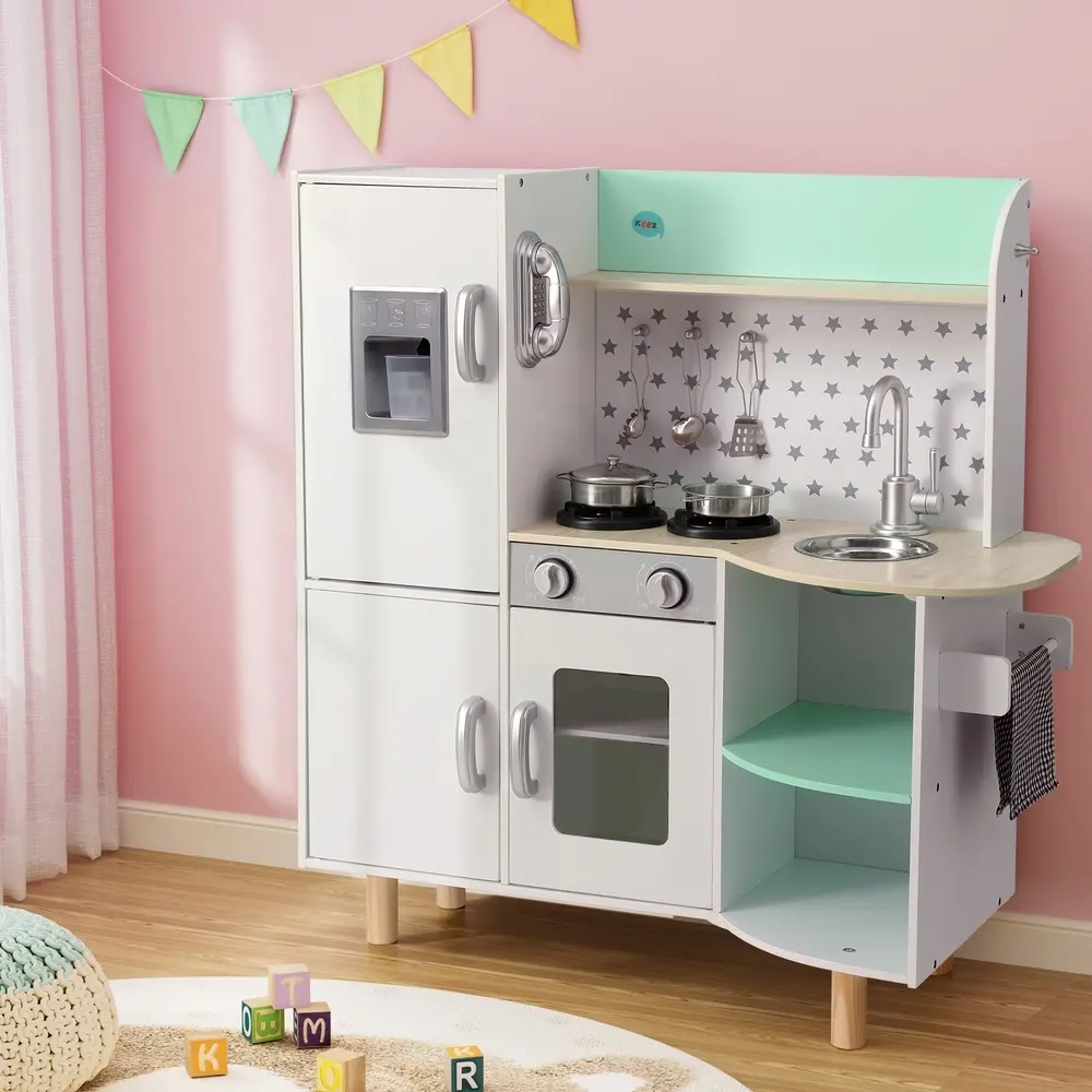 Keezi Kids Wooden Pretend Kitchen Play Sets Cooking Toys Oven Fridge 85CM Green - Toys & Games