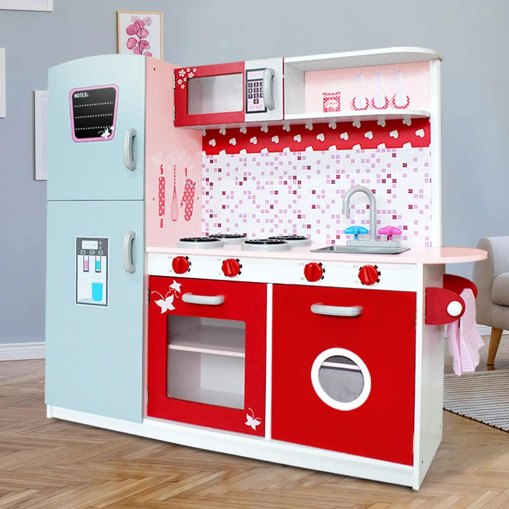 Keezi Kids Kitchen Play Set Wooden Pretend Toys Cooking Children Fridge Oven Red - Toys & Games