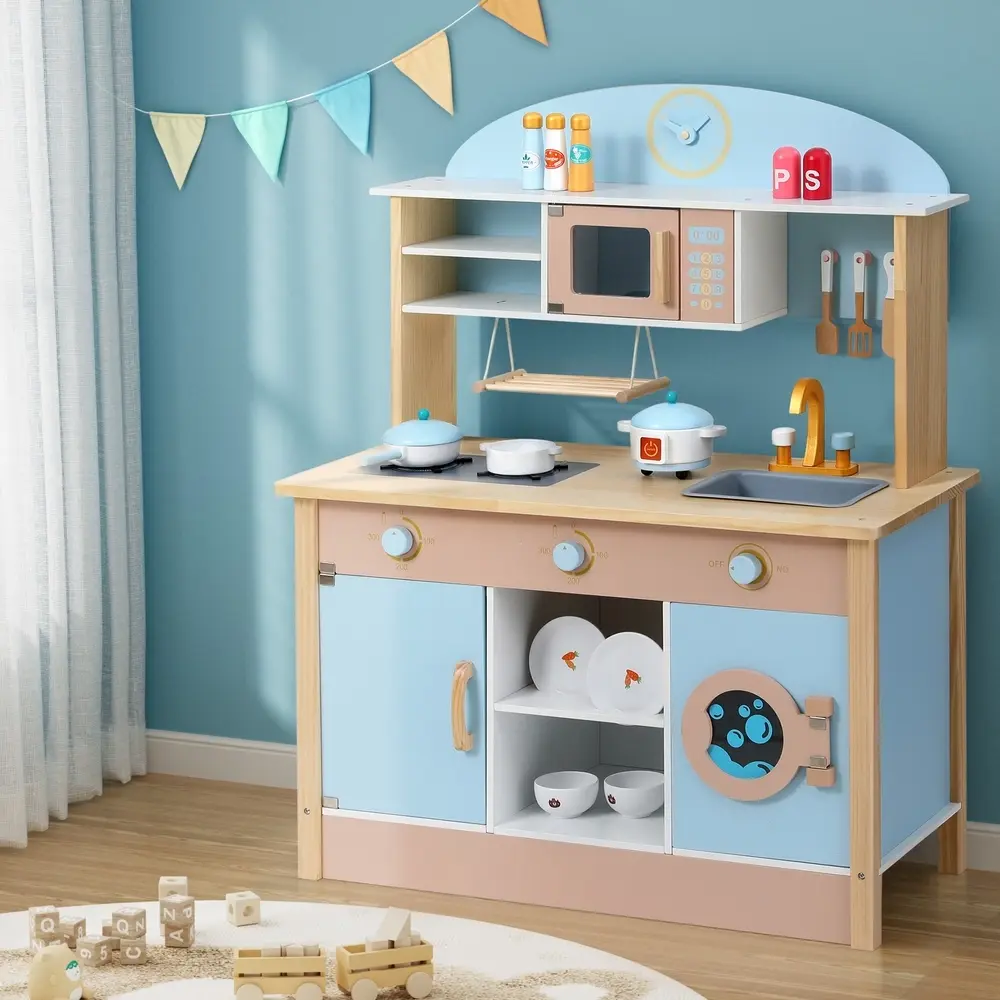 Keezi Kids Wooden Pretend Kitchen Play Sets Cooking Toys Pot Pan Bowls Oven Dishwasher 80CM Blue - Toys & Games