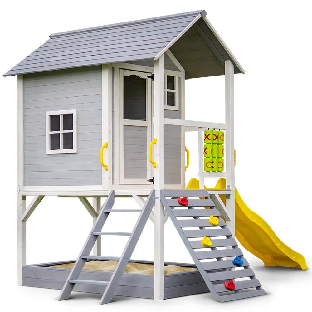 ROVO KIDS Wooden Tower Cubby House with Slide, Sandpit, Climbing Wall, Noughts & Crosses - Toys & Games