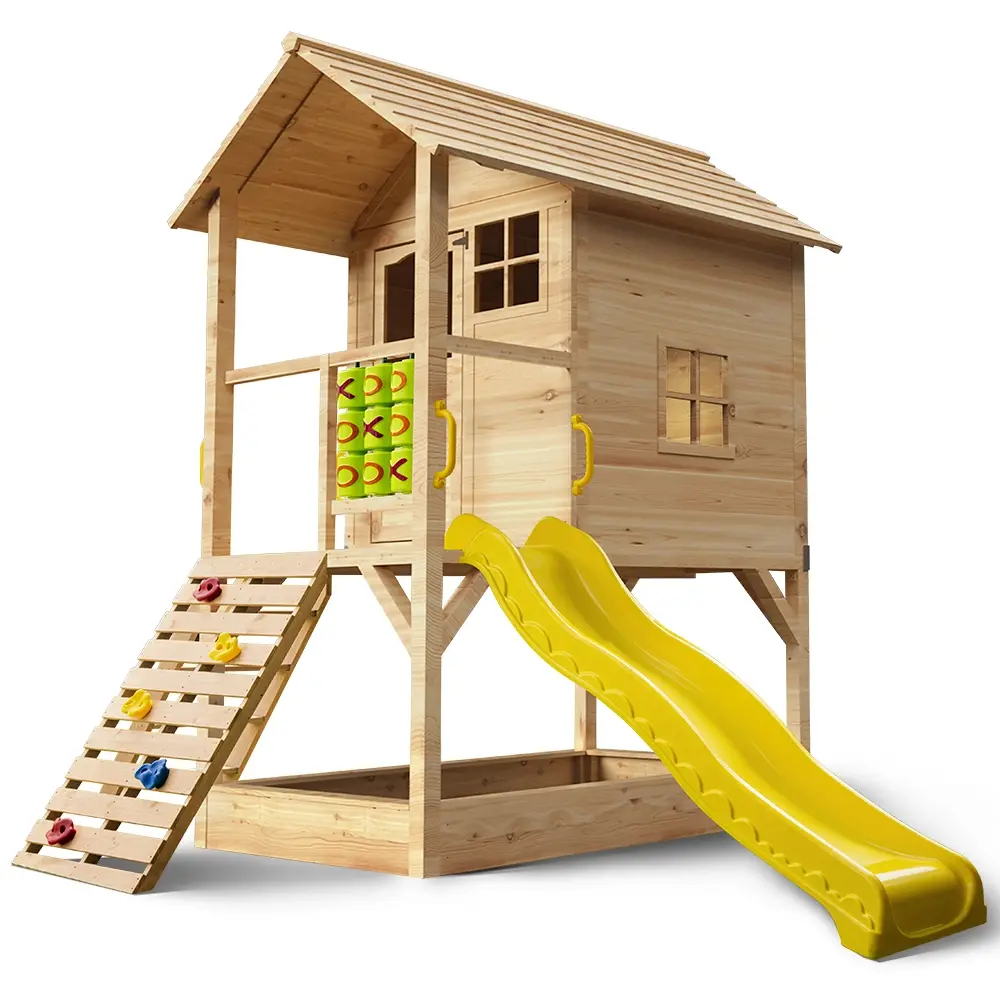ROVO KIDS Wooden Tower Cubby House with Slide, Sandpit, Climbing Wall, Noughts & Crosses, Natural Colour - Toys & Games
