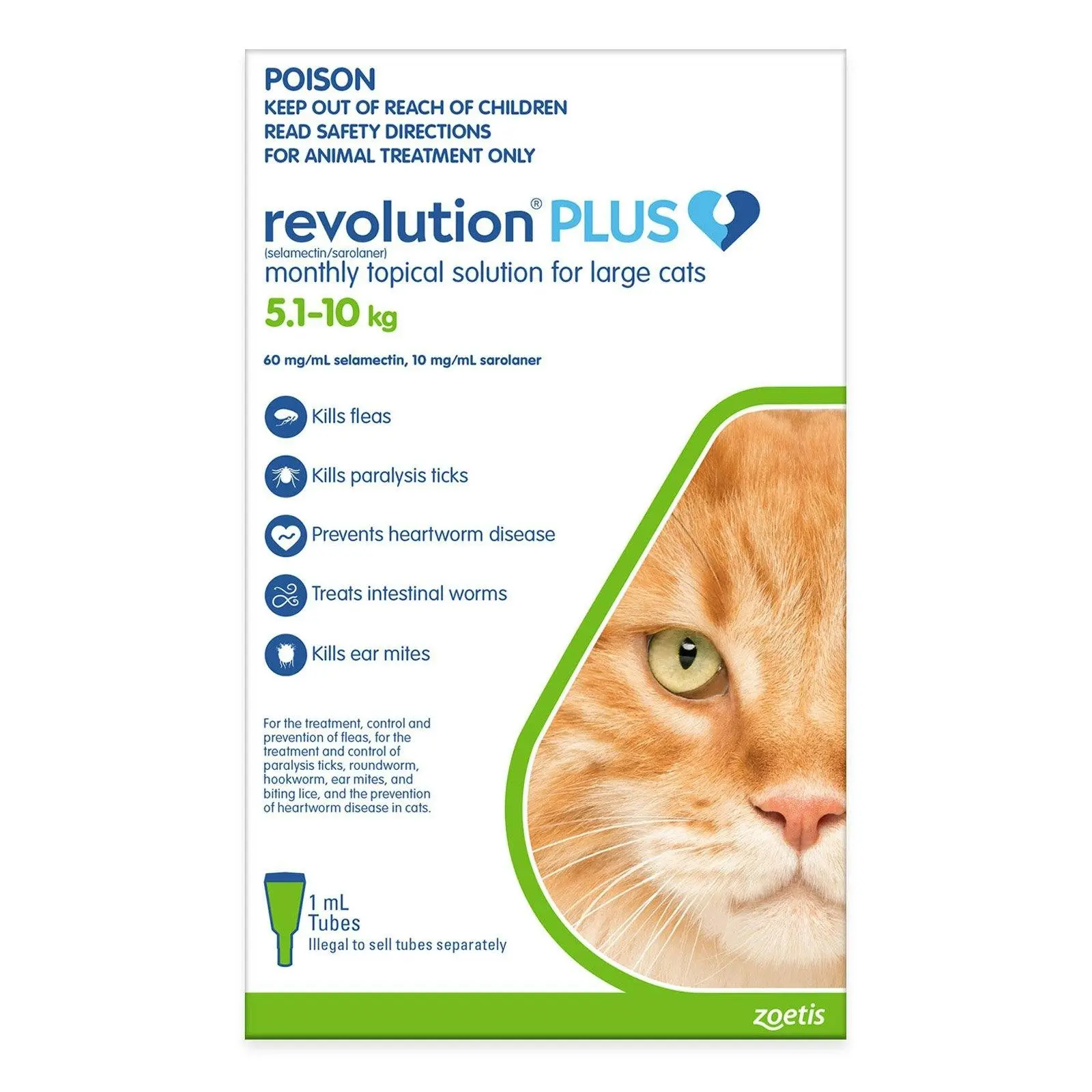 Revolution Plus for Large Cats 5 to 10 Kg (Green) 12 Pipettes - Pets