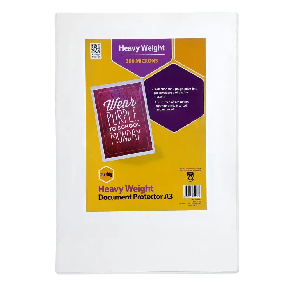 Marbig PVC A3 File/Certificate Document Protector/Paper Sheet Sleeve Clear - Office