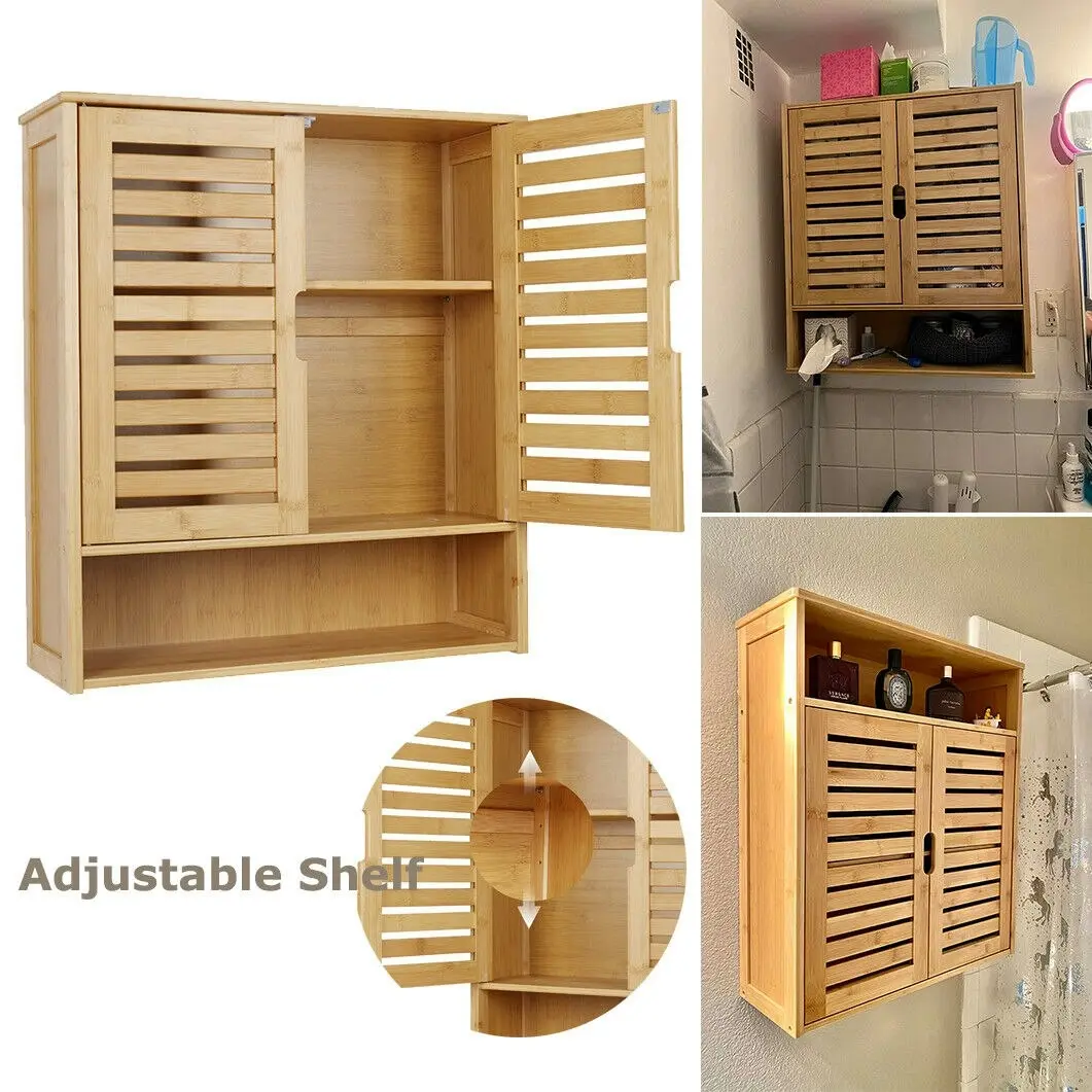 Fin Sturdy Substantial Bamboo Wall Cabinet Storage Shelf Fr Bathroom Kitchen Bottles - Home & Garden