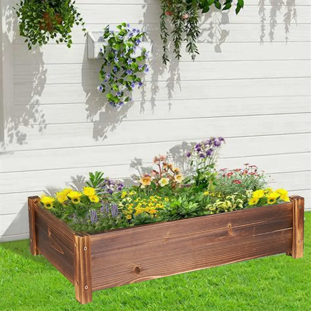 Fin Wide Garden Raised Bed Planter Box Carbonized Wood For Yard Flower Plants Herbs - Home & Garden
