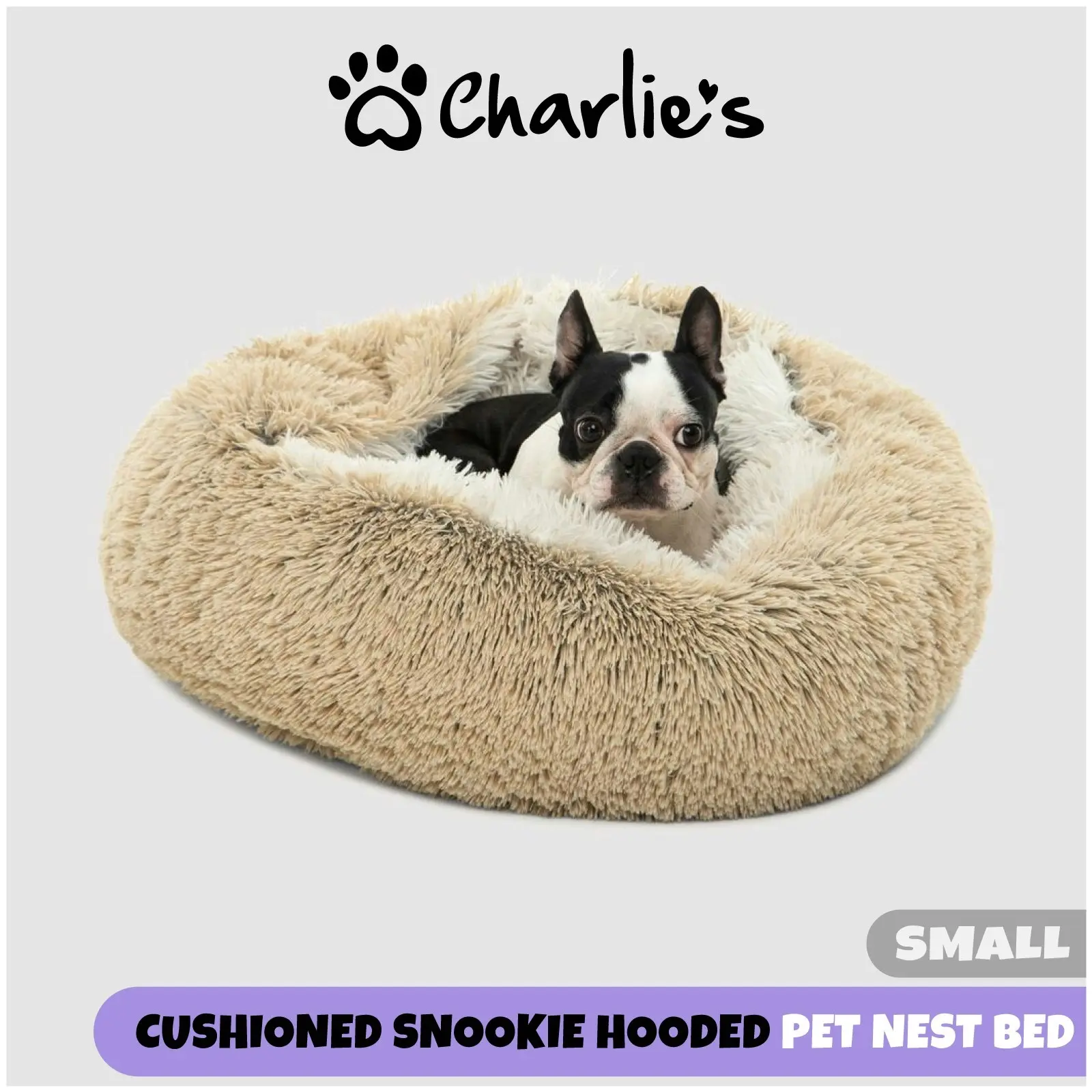 Charlie's Snookie Hooded Faux Fur Calming Dog Bed Cream Small - Pets