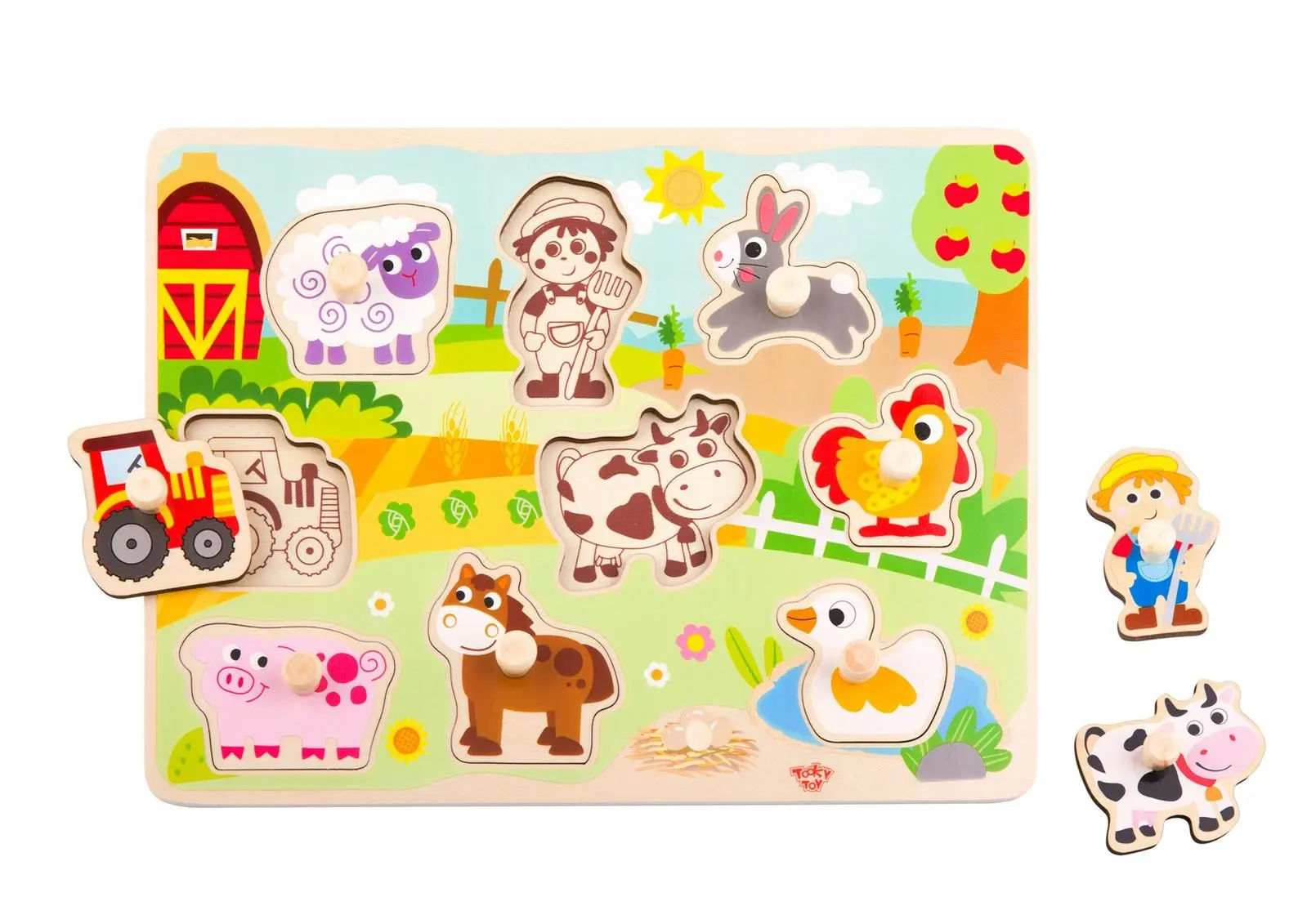 Tooky Toy Wooden Farm Peg Kids/Toddler Learning Play 30cm Puzzle Board 18m+ - Toys & Games