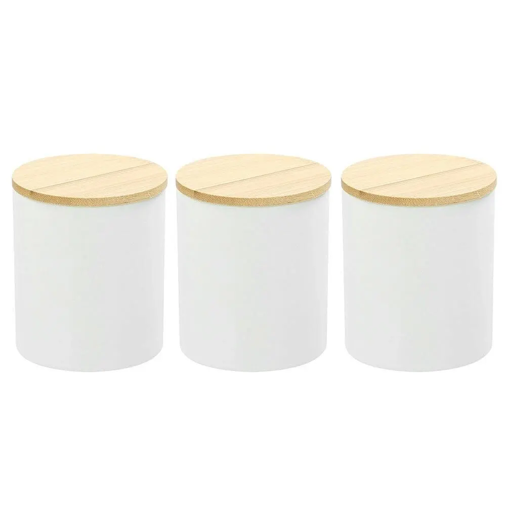 3x Boxsweden Bano 8x10cm Ceramic Bathroom Cup Storage Organiser w/Bamboo Lid WHT - Home & Garden