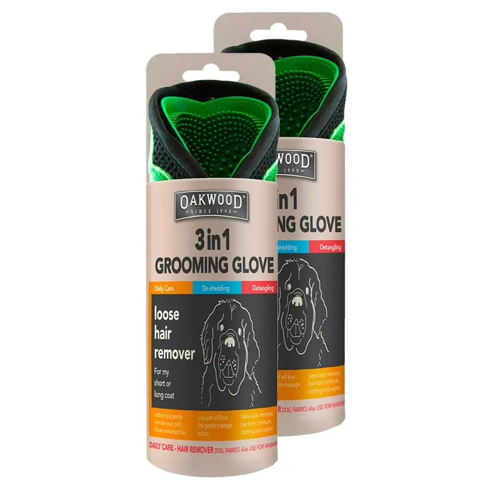 2x Oakwood 3 In 1 Grooming Glove Loose Hair Remover Dog/Cat Pet Deshedding Mitt - Pets
