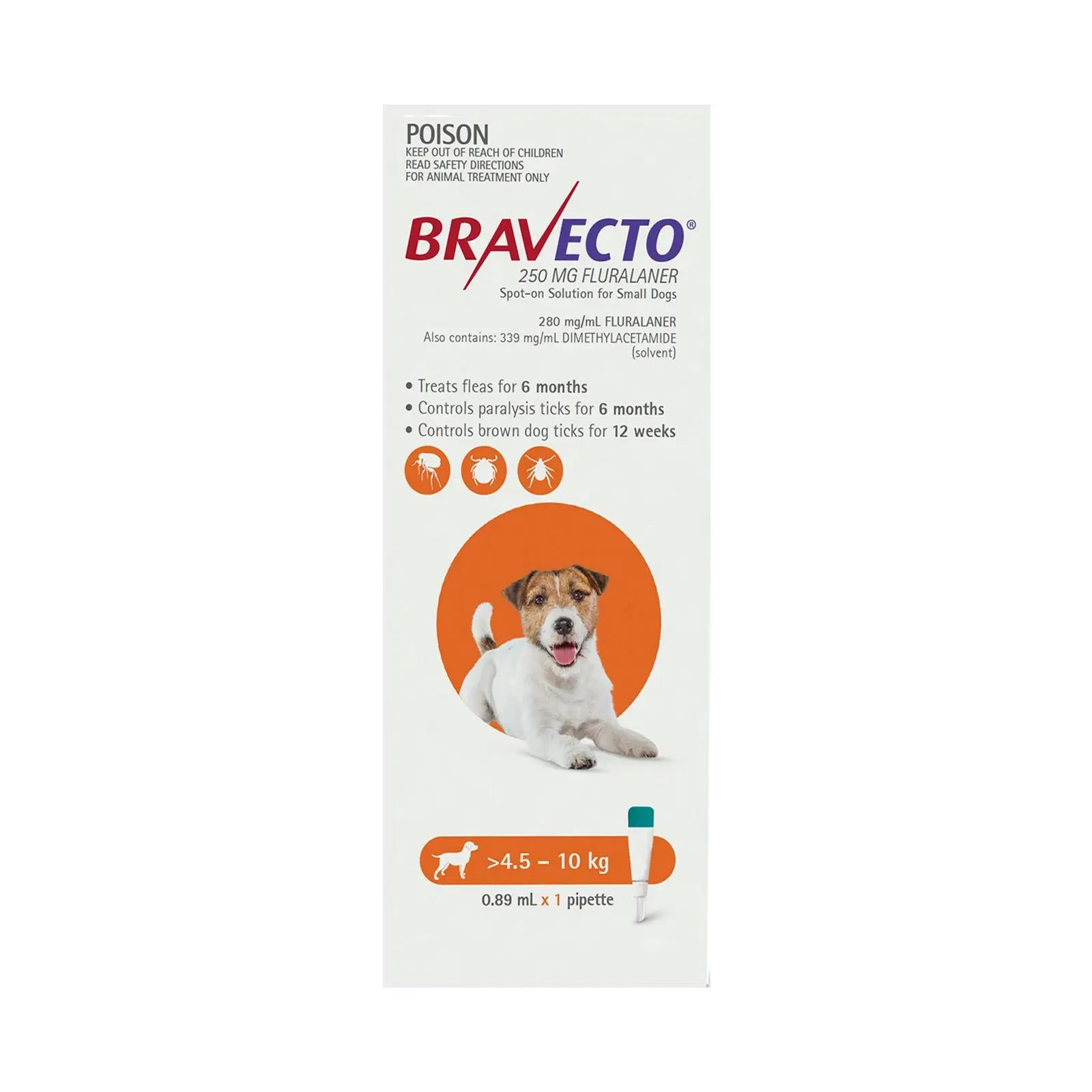 BRAVECTO Spot On For Small Dogs 4.5-10Kg (Orange) 2 Pipettes