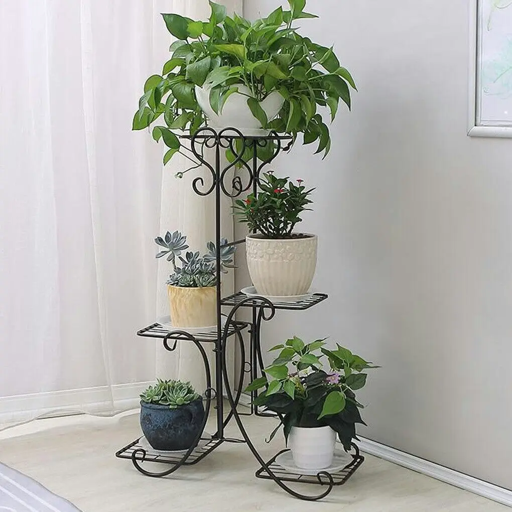 Fin Wrought Iron 4 Pots Stand Plant Flower Shelf Outdoor Indoor Living Room Kitchen - Home & Garden