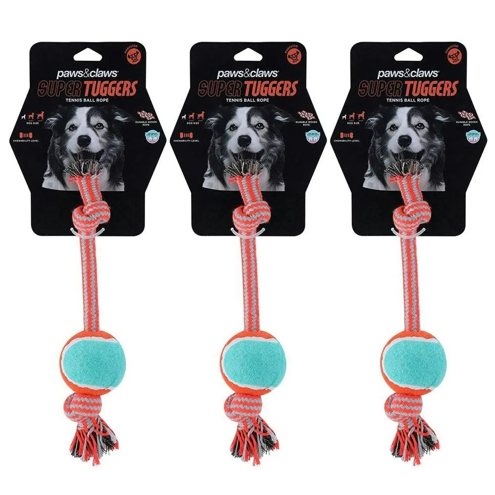 3x Paws & Claws 26cm Super Tuggers Tennis Ball Rope Pet Dog Chew Toy Play Game - Pets