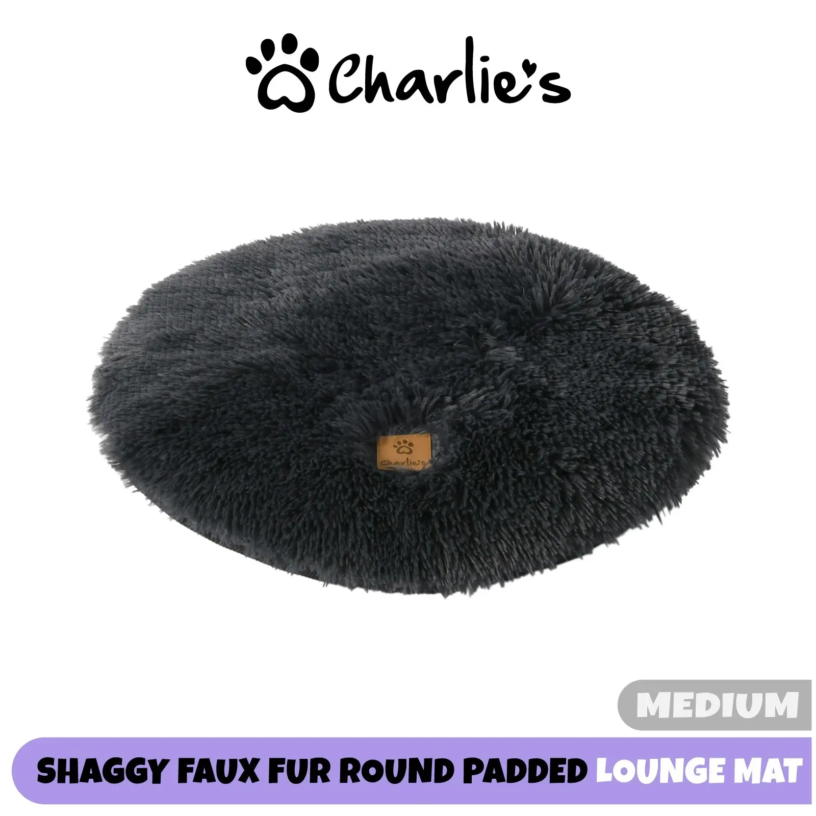 Charlie's Shaggy Faux Fur Round Calming Dog Mat Charcoal Medium - Pets