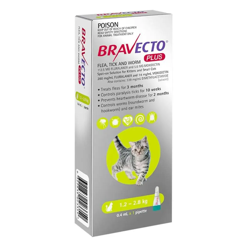 BRAVECTO Plus For Cats 1.2-2.8 Kg (Green) 2 Pipettes