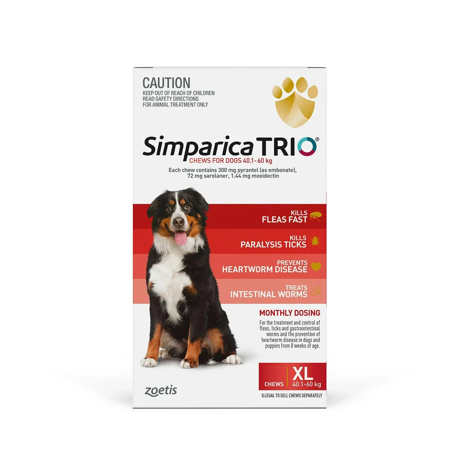 SIMPARICA TRIO for Extra Large Dogs 40.1 to 60 Kg (Red) 6 Chews - Pets