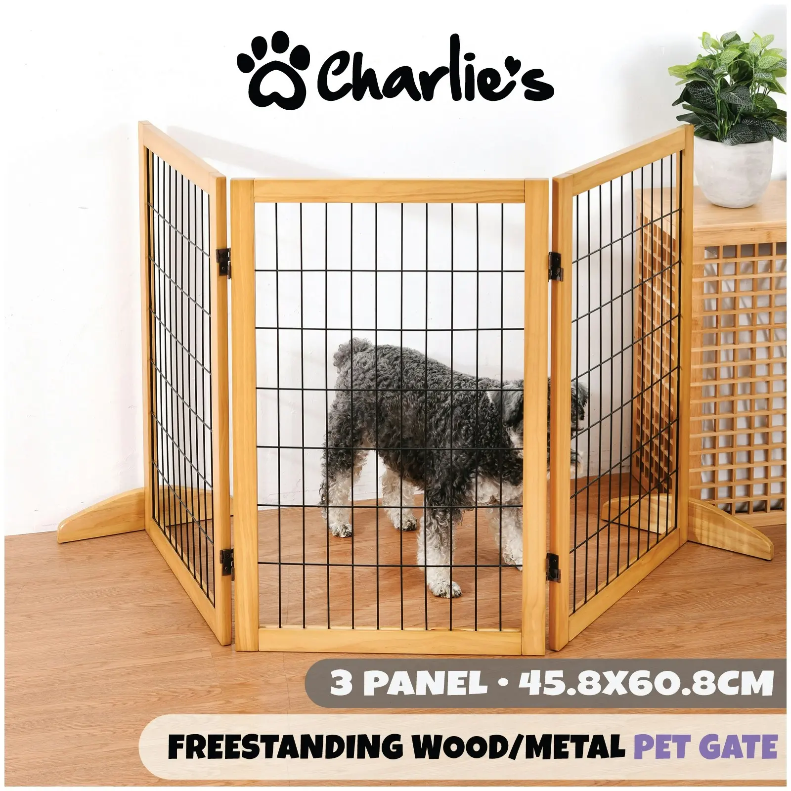 Charlie's Nature Freestanding Wood/Metal Pet Gate Natural Pinewood 3 Panel - Pets