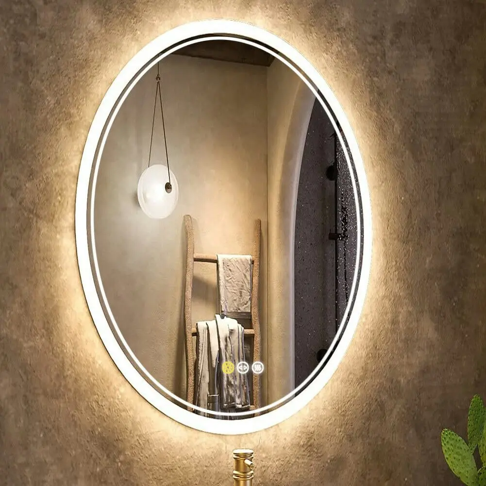 Fin Beautiful 3 Lights Led Bathroom Mirror Oval Vanity Mirrors Anti-Fog Smart Touch
