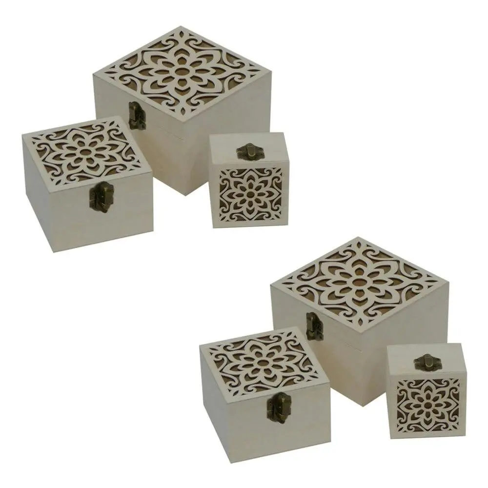 2x 3pc Boyle Craft Square Wooden Storage Box Laser Cut Flower w/Catch Organiser - Home & Garden