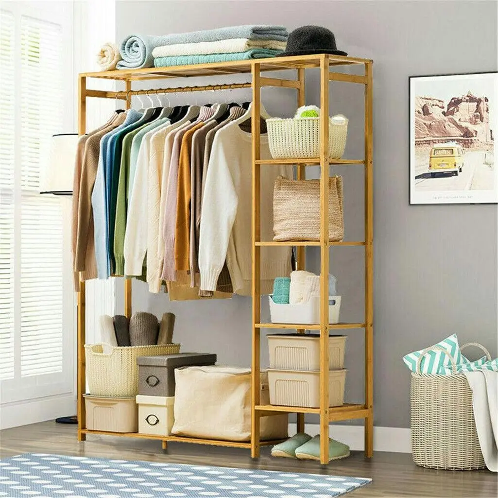 Bamboo Garment Rack with 6 Tier Dustproof Shelves and 4 Grids - Home & Garden