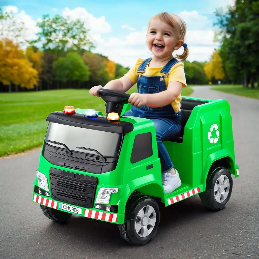 Rigo Kids Ride On Car Garbage Truck Police Light 12V Electric Toys Cars Green - Toys & Games