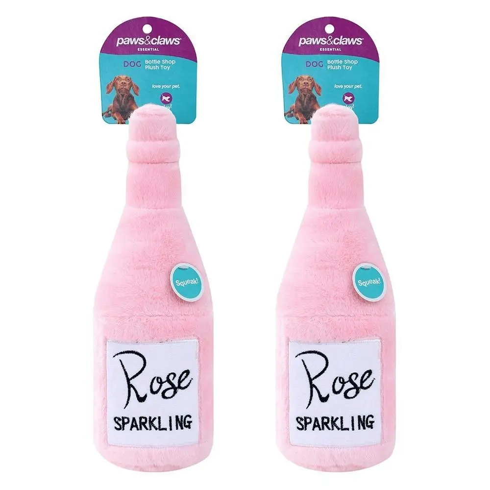 2x Paws & Claws Pet/Dog 31x10cm Rose Bottle Shop Soft Plush w/ Squeaker Toy Pink - Pets