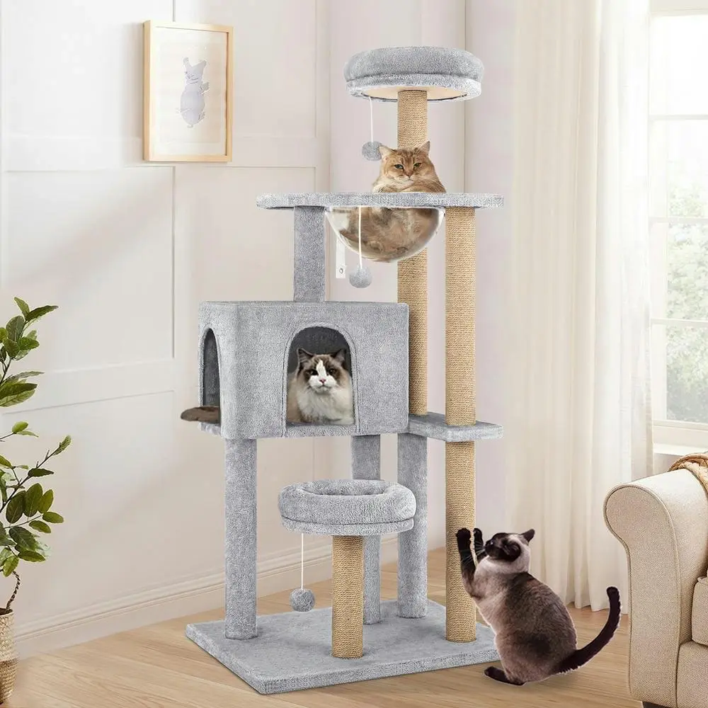 BEASTIE Cat Tree 140cm Grey Tower Scratching Post Wood Scratcher - Pets