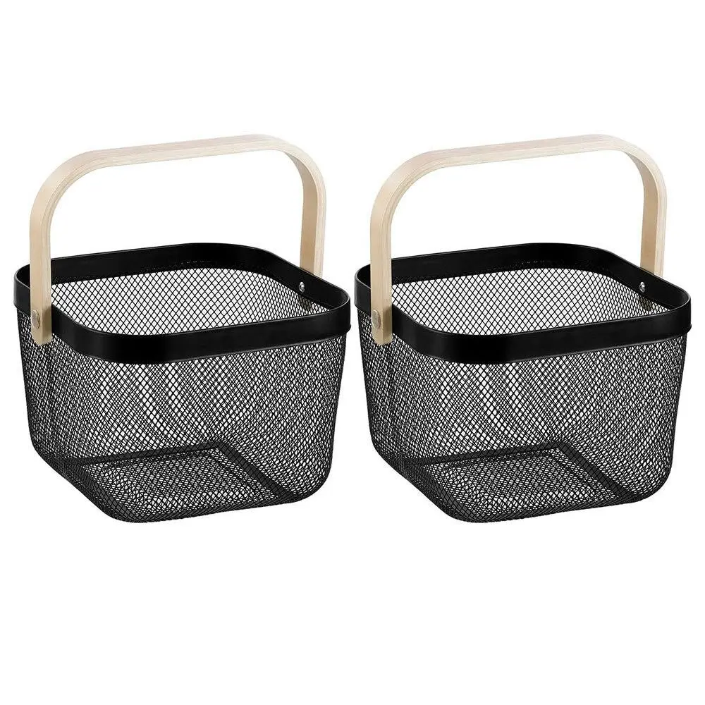 2x Boxsweden 25x25x17cm Mesh Home Storage Basket/Organiser/Wooden Handle Black - Home & Garden