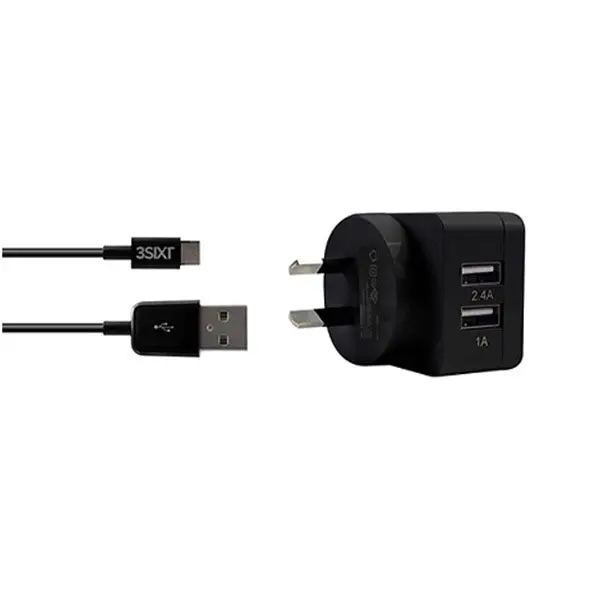 3sixT Dual USB AC Charger 3.4A + Micro USB 1.0m (3S-0235) - Black