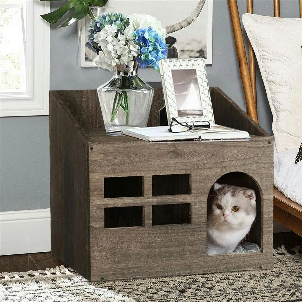 Enclosed Cat Shelter with Nightstand and Litter Box - Pets