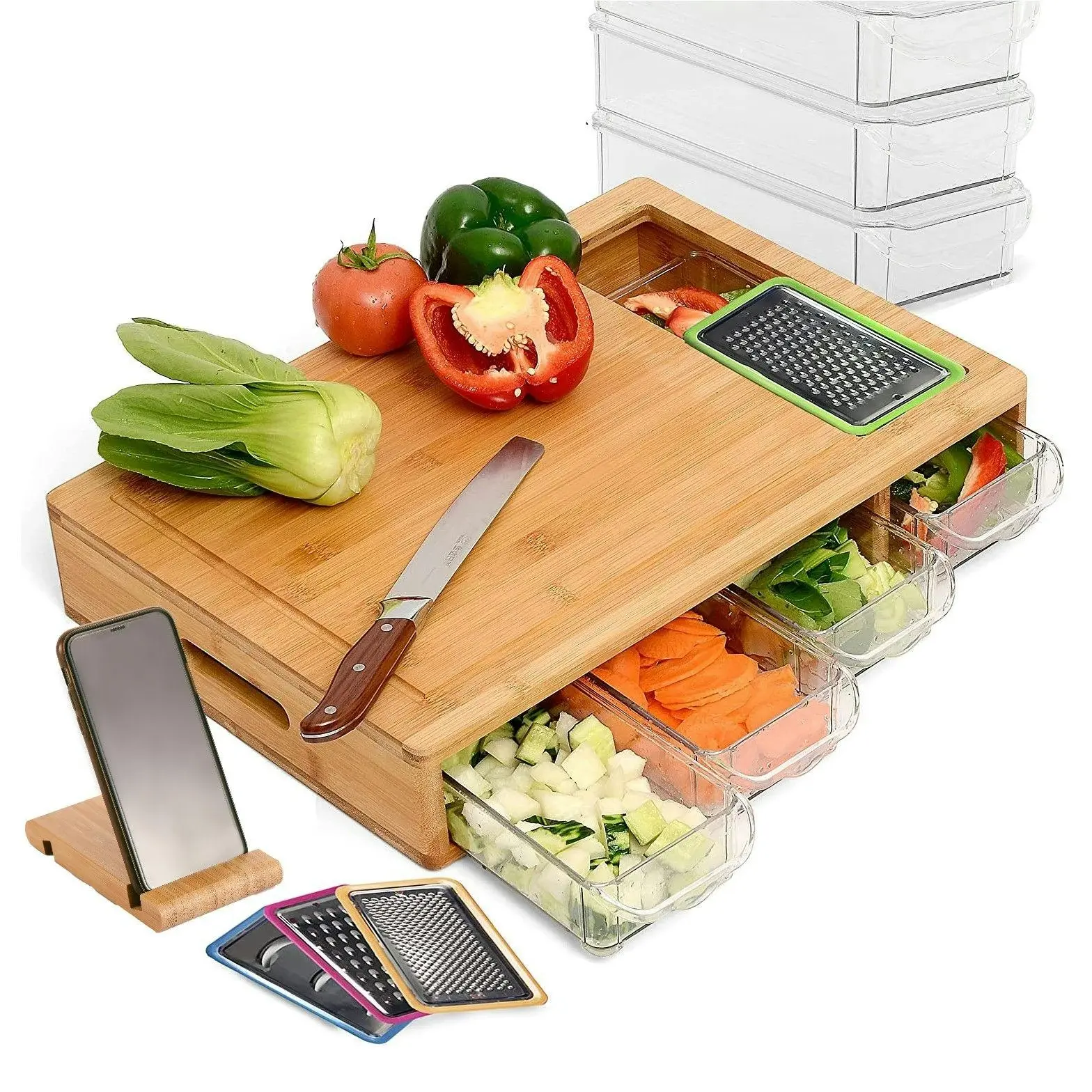 Carla Home Large Bamboo Cutting Board and 4 Containers with Mobile Holder gift included for Home Kitchen - Home & Garden