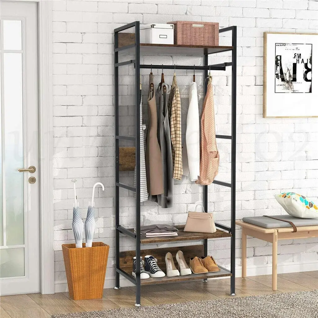 Heavy-duty garment storage rack with shelves.