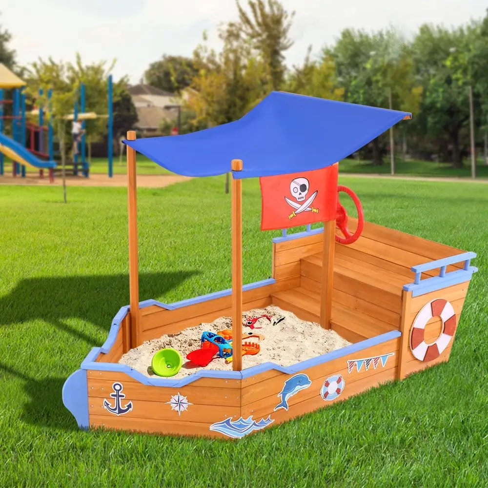 Keezi Kids Sandpit Wooden Boat Sand Pit with Canopy Bench Seat Beach Toys 165cm - Toys & Games