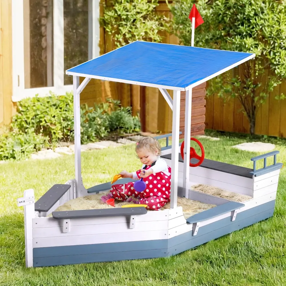 Keezi Kids Sandpit Wooden Box Boat Canopy Flag Outdoor Toys Children Blue - Toys & Games