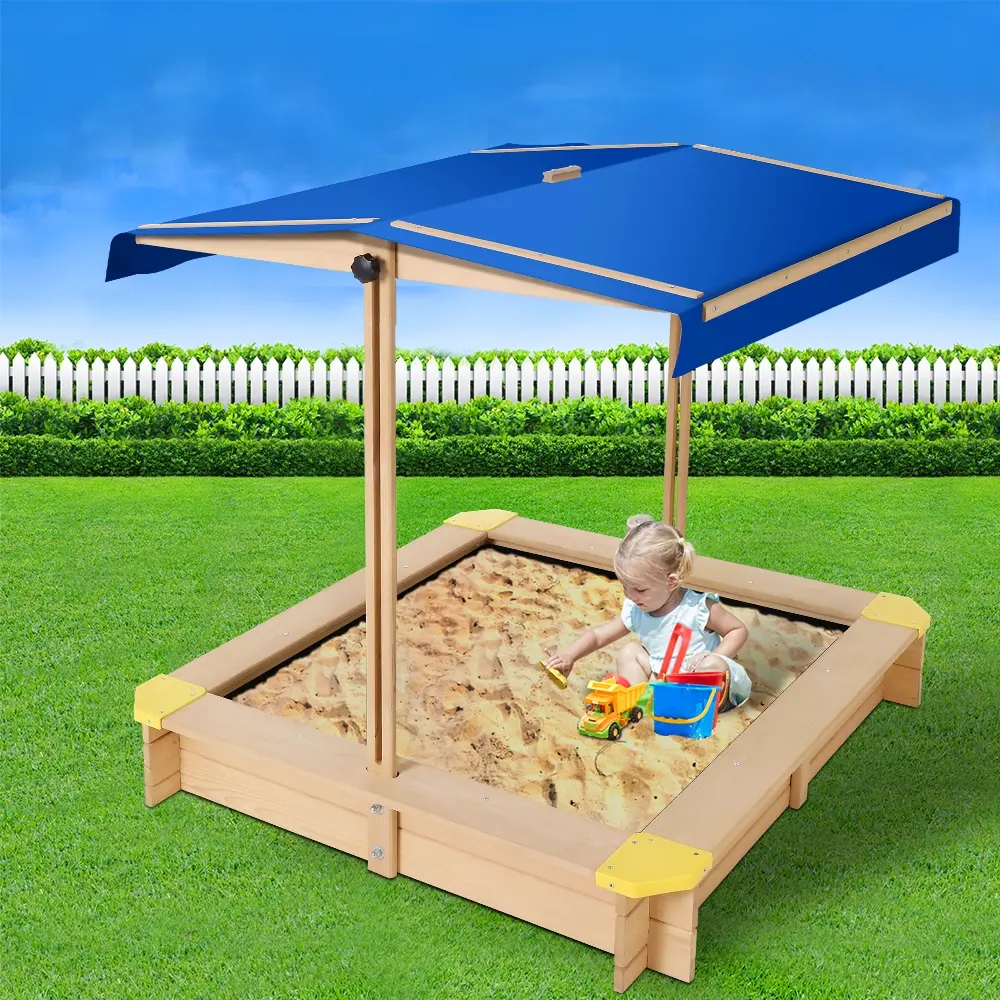 Keezi Kids Sandpit Wooden Sandbox Sand Pit with Canopy Bench Seat Toys 101cm - Toys & Games