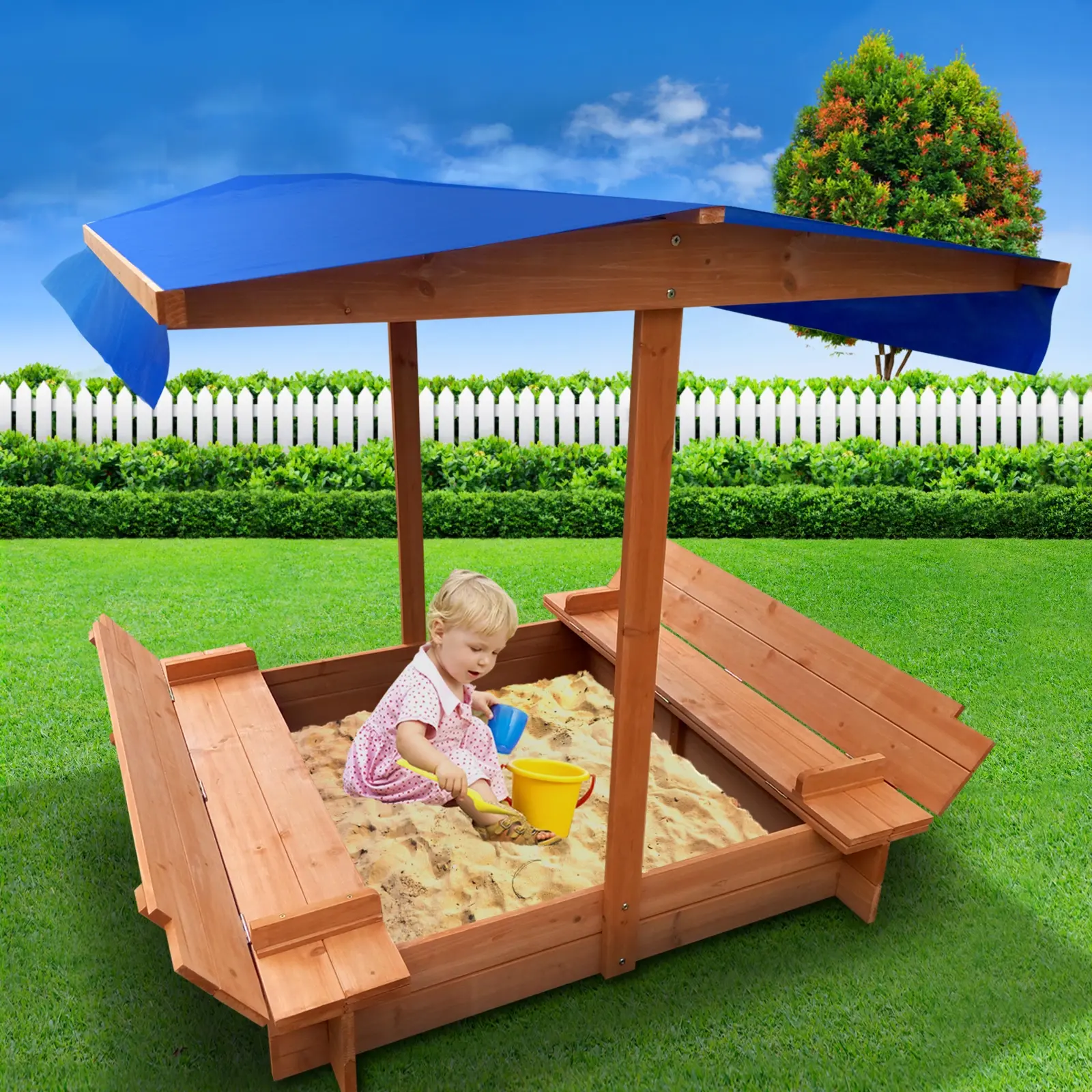 Keezi Kids Sandpit Wooden Sandbox Sand Pit with Canopy Foldable Seat Toys 120cm - Toys & Games