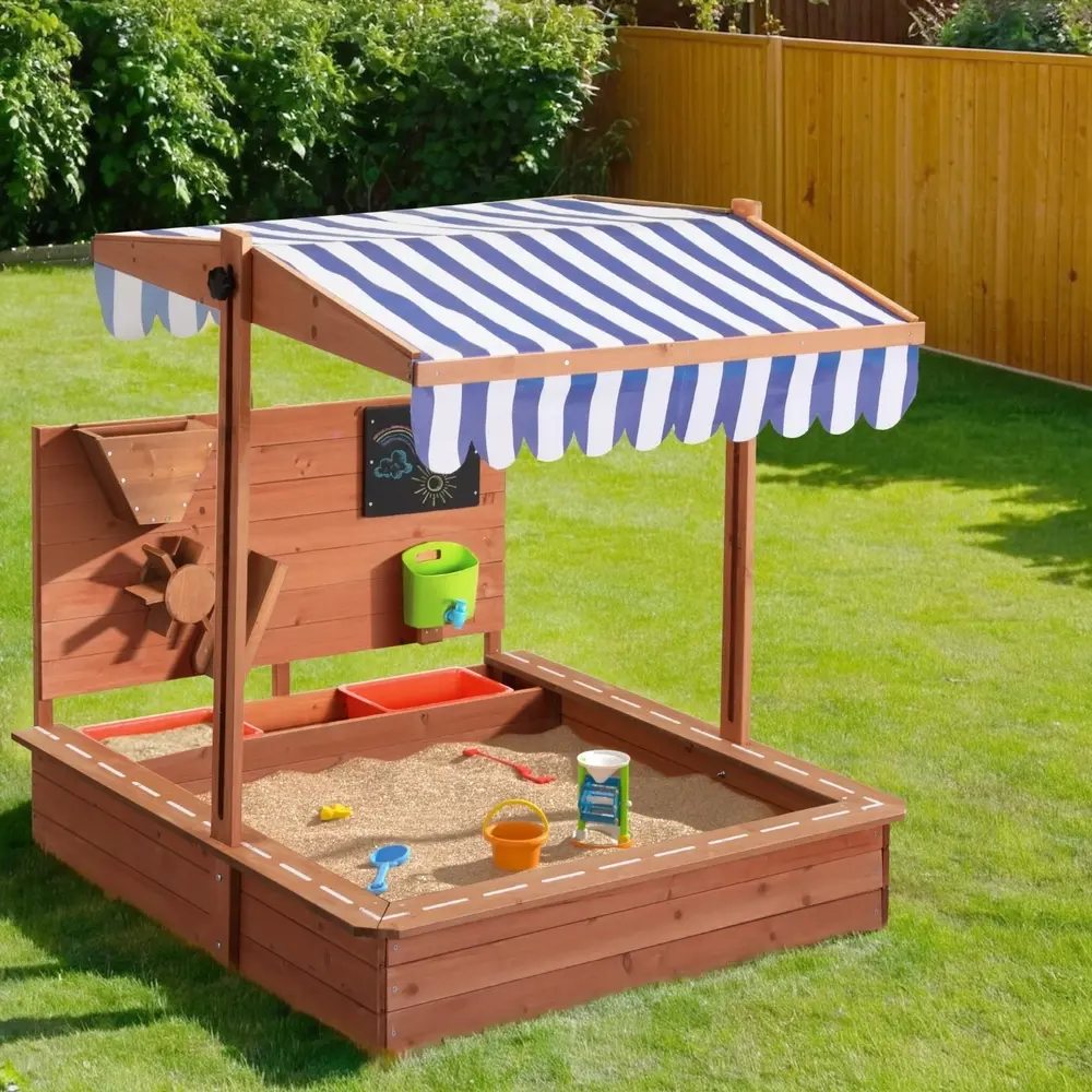 Keezi Kids Sandpit Wooden Canopy Sandbox With Cover Funnel Outdoor Toys 110cm - Toys & Games