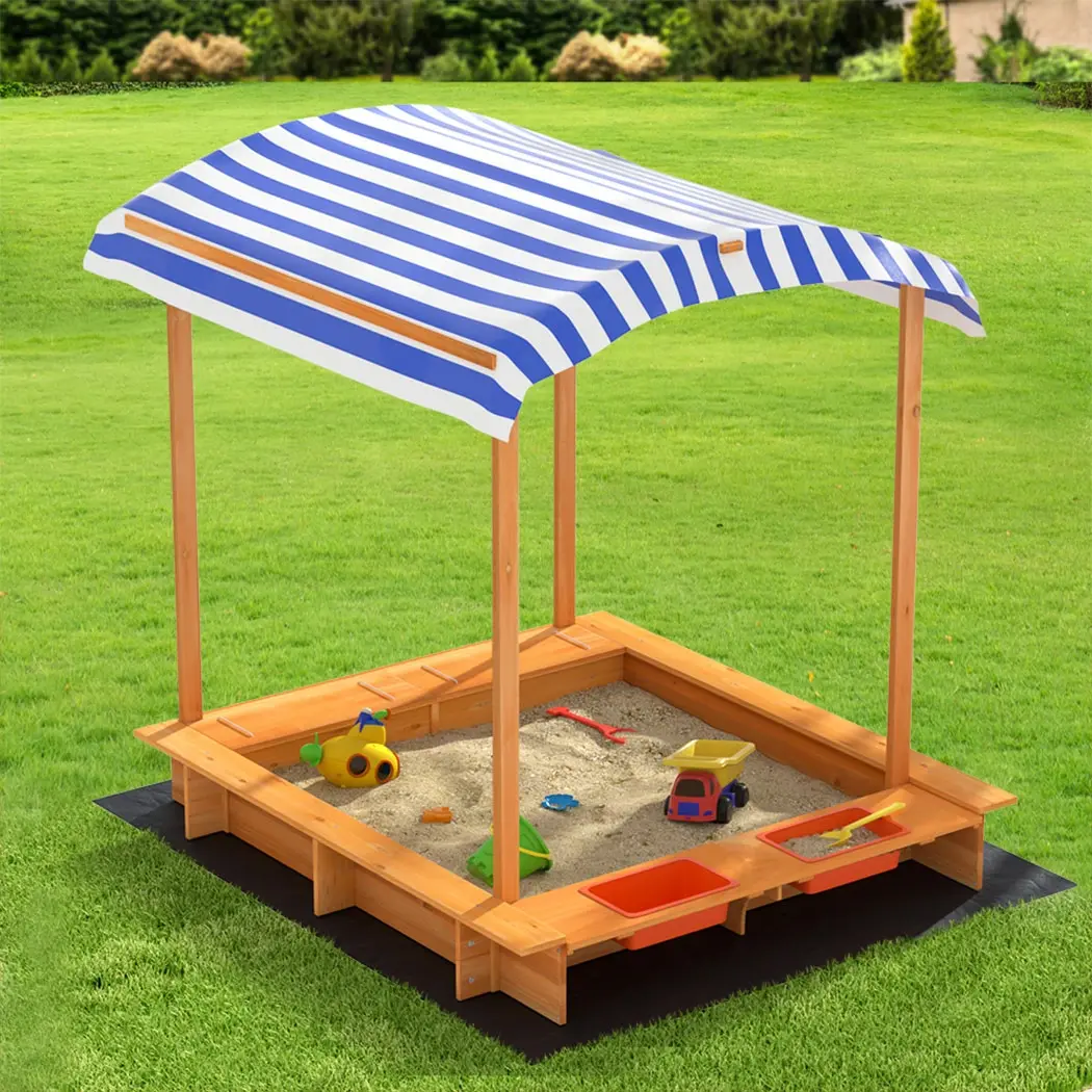 Keezi Kids Sandpit Wooden Sandbox Sand Pit with Canopy Water Basin Toys 149cm - Toys & Games